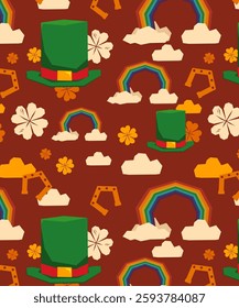 Vector St. Patrick's Day seamless pattern. Bright holiday print. Big Leprechaun hat. Cartoon rainbow, horseshoe, clouds signs. Many rough-shape icons. Cute graphic background. Festive art elements set