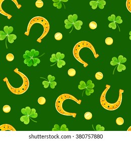 Vector St. Patrick's day seamless pattern with green shamrock leaves, gold coins and horseshoes on a green background.