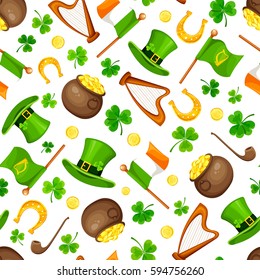 Vector St. Patrick's day seamless pattern with green shamrock leaves, leprechaun's hats, pots, gold coins, flags, harps and horseshoes on a white background.