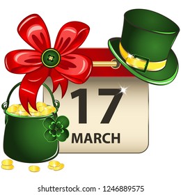 Vector of St Patricks Day set with calendar, Leprechaun hat, pot of gold and four leaf clover