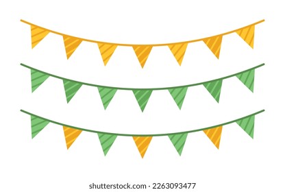 Vector St Patricks day set with green and yellow bunting. Collection for celebrating St Patricks day. Striped triangular flag garlands in flat design.