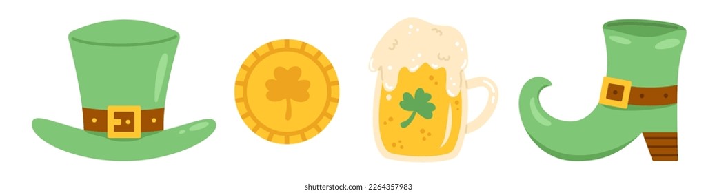 Vector St Patricks day set in flat design. Collection with green hat, boot, beer and coin with clover. Cliparts for celebrating St Patricks day. Elements in green and yellow colors.