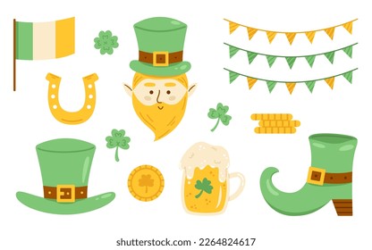 Vector St Patricks día con trébol, sombrero, cerveza, banderas, bota, herradura y leprechaun. Colección para celebrar el Día de San Patrón en diseño plano. Elementos de colores verde y amarillo.