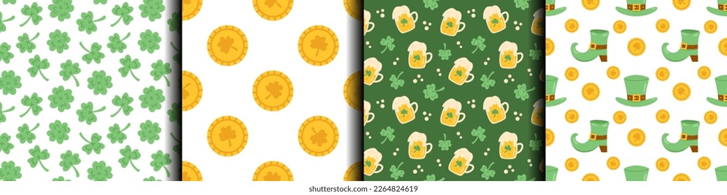 Vector St Patricks Tag Set von nahtlosen Mustern in flachem Design. Sammlung von Hintergründen mit grünen Hüten, Stiefeln, Bieren, Kleeblatten und Münzen. Sammlung zum Feiern des St. Patricks-Tages.