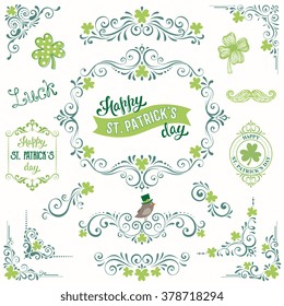 Vector St. Patricks Day set with vintage ornate motifs and typographic design elements.