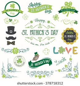 Vector St. Patricks Day set with vintage ornate motifs and typographic design elements.