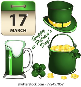 Vector of St Patrick's Day set with calendar, Leprechaun hat, green beer, pot of gold and four leaf clover