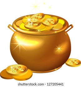 vector St. Patrick`s Day shiny gold pot filled with leprechaun coins isolated on the white background