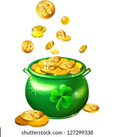 vector St. Patrick`s Day shiny green pot filled with leprechaun gold coins isolated on the white background