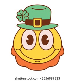 Vector St Patricks Day Slightly Smiling Face Emoji Cartoon Groovy Illustration Isolated