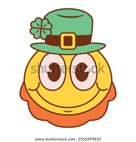 Vector St Patricks Day Slightly Smiling Face Emoji Cartoon Groovy Illustration Isolated