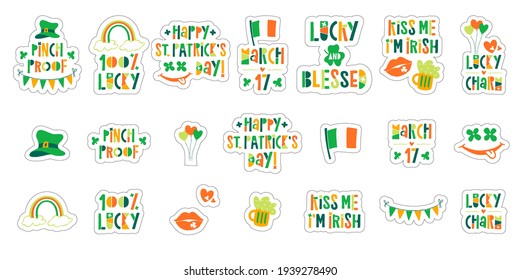 Juego de etiquetas Vector St. Patrick's Day con el color irlandés tradicional y elementos festivos para pegatinas, carteles, tarjetas de felicitación, camisetas, decoración.