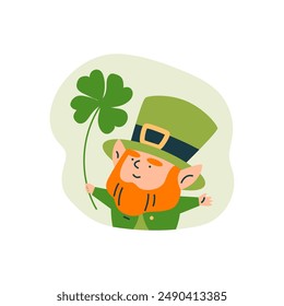 Vector St. Patrick's Day sticker with an image of a bearded leprechaun in a green hat and a clover leaf. Irish folk character in flat style on isolated background.