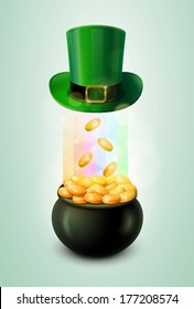 Vector St. Patrick's Day symbol. Pot of Gold and green hat. Elements are layered separately in vector file.
