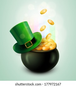 Vector St. Patrick's Day symbol. Pot of Gold and green hat. Elements are layered separately in vector file.