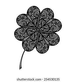 Vector St. Patrick's Day Symbol, Leaf Clower. Hand Drawing Patterned Design