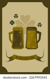 Vector St. Patrick's day vintage card. Two cartoon big glasses with dark, light beer, clover icons. Drawing on old beige paper. Decorative art element for cafe menu design, festive advertising layout.