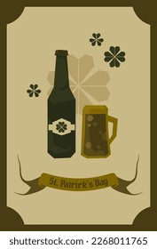 Vector St. Patrick's day vintage card. Green glass bottle, big beer mug, many small green clover icons. Irish pub. Decorative graphic element for cafe menu design, advertising banner. Bar concept.