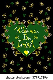 Vector  St. Patrick's greetings card with golden clovers on a black background.