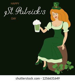 Vector of St. Patrik`s day card with girl drinking green beer and space for text