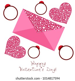 Vector St Valentine day's greeting card. Heart, gifts, ring.