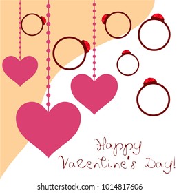 Vector St Valentine day's greeting card. Heart, gifts, ring.