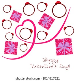 Vector St Valentine day's greeting card. Heart, gifts, ring.