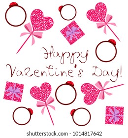 Vector St Valentine day's greeting card. Heart, gifts, ring.
