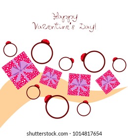 Vector St Valentine day's greeting card. Heart, gifts, ring.