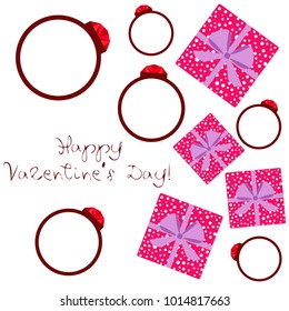 Vector St Valentine day's greeting card. Heart, gifts, ring.