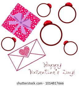 Vector St Valentine day's greeting card. Heart, gifts, ring.