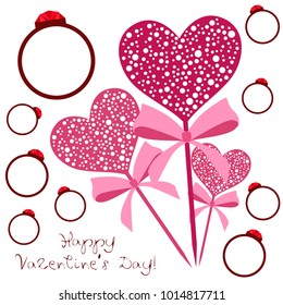 Vector St Valentine day's greeting card. Heart, gifts, ring.