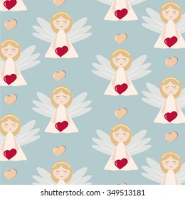 Vector St Valentine day's greeting card. Cute angel with heart, pattern