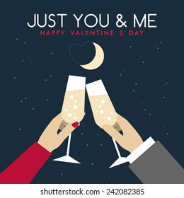 Vector St. Valentine's day greeting card in flat style. Female and male hands with glasses of champagne