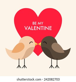 Vector St. Valentine's day greeting card in flat style. Two kissing birds and red heart
