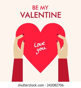 Vector St. Valentine's day greeting card in flat style. Female hands holding big red heart
