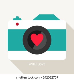 Vector St. Valentine's day greeting card in flat style. Camera with heart on the lens