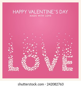 Vector St. Valentine's day greeting card in flat style. Word Love made of white hearts on the pink background