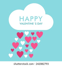 Vector St. Valentine's day greeting card in flat style. Cloud with text and rain of hearts