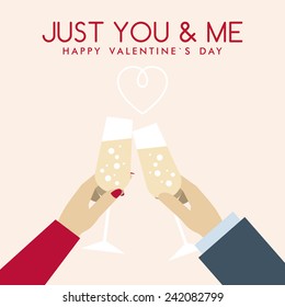 Vector St. Valentine's day greeting card in flat style. Female and male hands with glasses of champagne