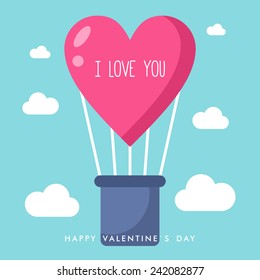 Vector St. Valentine's day greeting card in flat style. Heart shaped ballon with text