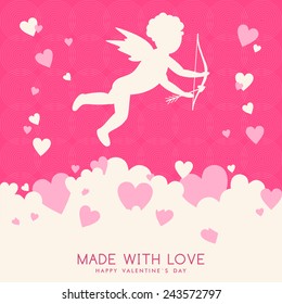 Vector St. Valentine's day greeting card in flat style. Cupid on pink background with hearts