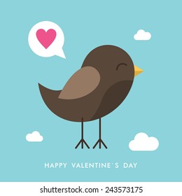 Vector St. Valentine's day greeting card in flat style. Cute bird  in the sky with message bubble