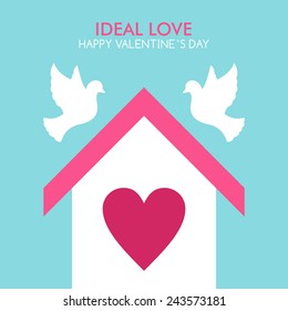 Vector St. Valentine's day greeting card in flat style. Two white pigeons and house with heart