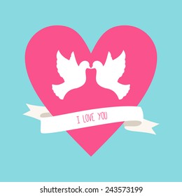 Vector St. Valentine's day greeting card in flat style. Two pigeons and pink heart with ribbon