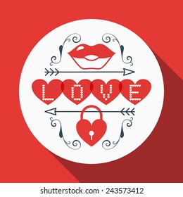 Vector St. Valentine's day greeting card in flat style. Typography elements with lips and heart shaped lock