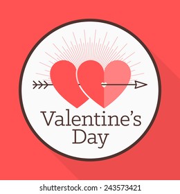 Vector St. Valentine's day greeting card in flat style. A heart symbol pierced with an arrow