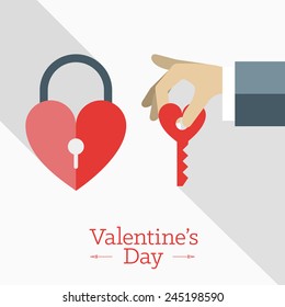 Vector St. Valentine's day greeting card in flat style. A heart symbol and human hand holding key