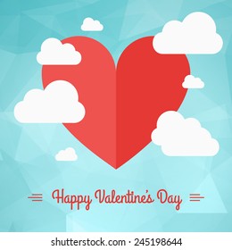 Vector St. Valentine's day greeting card in flat style. A heart symbol in the sky with clouds