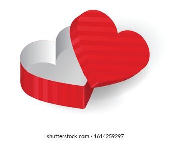 Vector St Valentines Day heart shape striped satin silk gift box realistic 3d mock up white and red on simple background